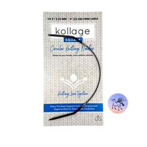 May include: A black circular knitting needle with a 9 inch (23 cm) cable, labeled "US 3/3.25 MM" and "kollage SQUA. Circular Knitting Needles". The packaging also includes the text "Easier on your hands, more uniform stitches." and "Knitting Lives Together".