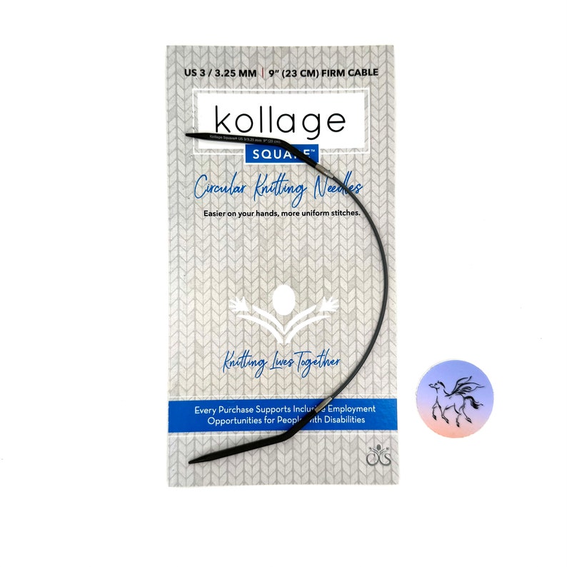 May include: A black circular knitting needle with a 9 inch (23 cm) cable, labeled "US 3/3.25 MM" and "kollage SQUA. Circular Knitting Needles". The packaging also includes the text "Easier on your hands, more uniform stitches." and "Knitting Lives Together".