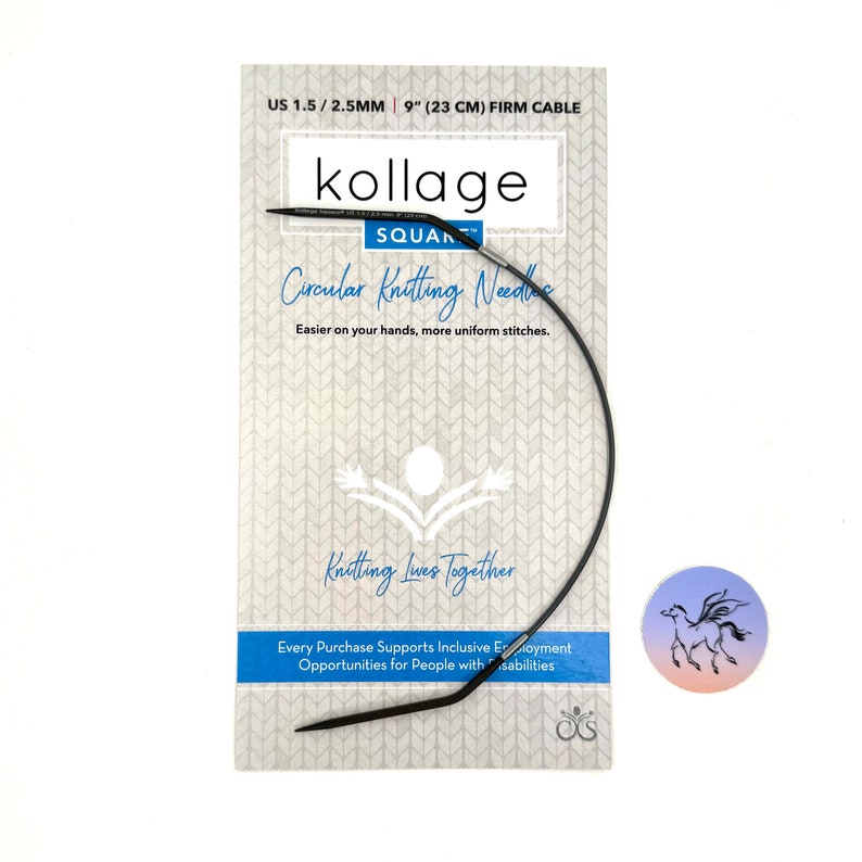 May include: A black 9-inch (23 cm) circular knitting needle with a firm cable, labeled "kollage SQUARE Circular Knitting Needles" and "Easier on your hands, more uniform stitches." The packaging also includes the text "Knitting Lives Together" and "Every Purchase Supports Inclusive Employment Opportunities for People with Disabilities."