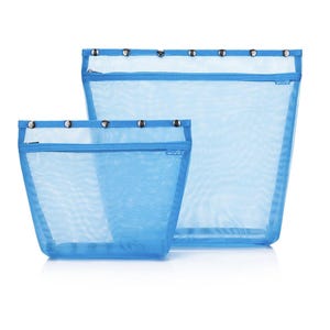 May include: Two bright blue mesh storage bags of different sizes, each featuring a zippered top closure and a reinforced upper strip with evenly spaced silver-toned metal snap buttons. The semi-transparent material allows for visibility of contents.