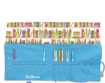 Della Q Crochet Hook Case: Library Print Linen Sky, Fuchsia, Lime, Coral Hook Roll
