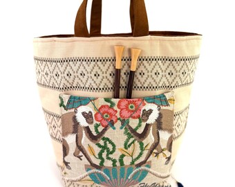Atenti Monkey Hope Basket Embroidered Outer Pocket Crochet Supply Bag Craft Organizer Tote