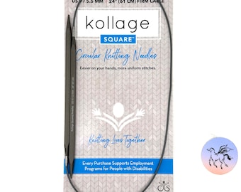 May include: A black circular knitting needle set with a 24-inch cable, labeled "Kollage Square™ Circular Knitting Needles" and "US 9/5.5 MM 24" (61 CM) FIRM CABLE". The packaging features a gray knitted pattern and the text "Easier on your hands, more uniform stitches." and "Knitting Lives Together". The bottom of the packaging includes the text "Every Purchase Supports Employment Programs for People with Disabilities".