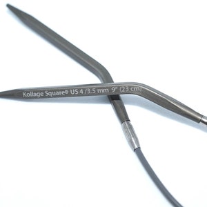 May include: A pair of gray metal knitting needles with a black cable. The needles are 9 inches (23 cm) long and are size US 4/3.5 mm. The needles are labeled "Kollage Square&reg; US 4/3.5 mm 9" (23 cm)"