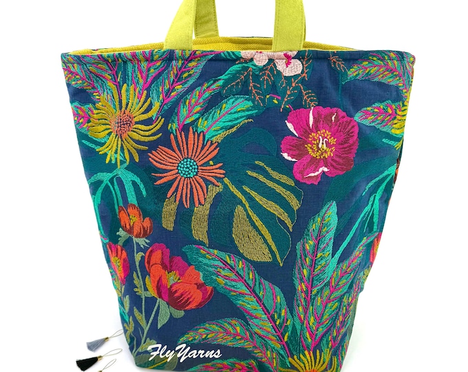 Featured listing image: Atenti Hope Basket "Flora"  Embroidered Knitting Project Bucket Bag, Made USA