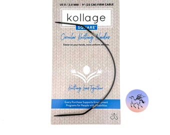 May include: A black 9-inch (23 cm) circular knitting needle with a firm cable. The needle is packaged on a white card with the text "kollage SQUARE Circular Knitting Needles Easier on your hands, more uniform stitches. Knitting Lives Together Every Purchase Supports Employment Programs for People with Disabilities".