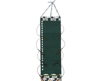 Della Q Hanging Circular Needle Holder Yarn Bombing Print, Coffee & Yarn Green or Coffee and Yarn Purple Labeled Circular Needle Case