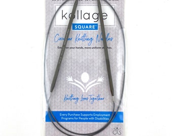 May include: A gray 32-inch circular knitting needle with a US 8/5.0 mm size. The needle is packaged in a clear plastic bag with a white background and the text "kollage SQUARE™ Circular Knitting Needles Easy on your hands, more uniform stitches. Knitting Lives Together Every Purchase Supports Employment Programs for People with Disabilities".