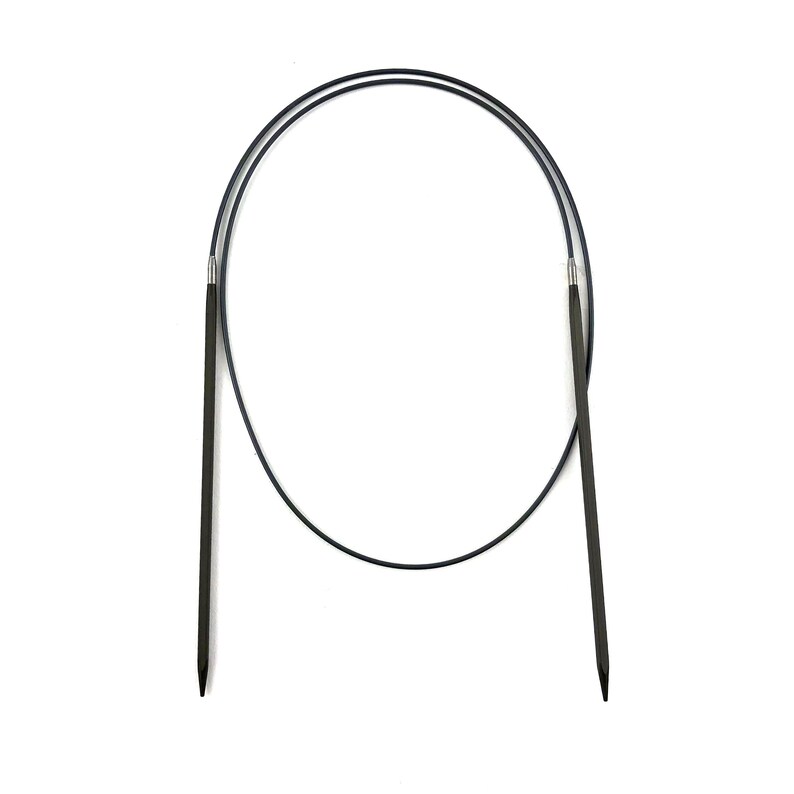 May include: A pair of black circular knitting needles with a blue cord connecting the tips.