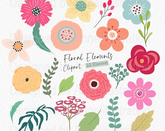 Simple Floral Elements Clipart,,Spring,flower Clipart,Wedding,Leaves,Vintage flowers,Blush Flowers Clipart,Instant download_ CA107