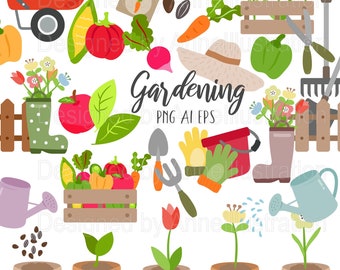 Gardening Clipart,Vegetables,Flowers,Garden Tools,Pot Plants,Fence,Farming,Boots,Seeds,Wheelbarrowector,Instant download Illustration_CA111
