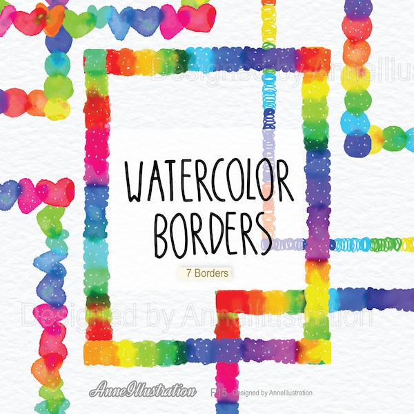 Watercolor Rainbow Border Frame Clipart,Square,Invitation Clipart,Art,Photo Frame,Rectangular,Brush,PNG,Instant download Illustration_F15