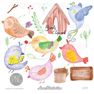 Clipart de pássaros em aquarela, pássaros desenhados à mão, pássaros fofinhos, casa de pássaros, Banner, PNG, download instantâneo Ilustração_ CA78