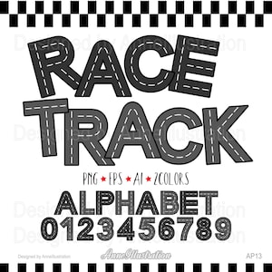 Alfabeto de pista de carreras, imágenes prediseñadas de letras y números de carretera, letras de pista de autos, alfabeto de pista de carreras, niños, vector, descarga instantánea, ilustración_AP13