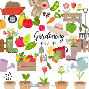 Gardening Clipart,Vegetables,Flowers,Garden Tools,Pot Plants,Fence,Farming,Boots,Seeds,Wheelbarrowector,Instant download Illustration_CA111