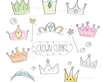 Crown clipart,Hand drawn crwon clipart,Tiara clipart,Prince,Princess,Magic wand clipart,Vector,Instant download Illustration_CA13