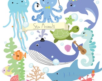 Sea Animals Clipart,Ocean Clipart,Whale Clipart,Dolphin Clipart,Jellyfish Clipart,Vector,Instant download Illustration_CA17