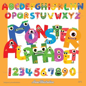 Imágenes prediseñadas del alfabeto del monstruo, imágenes prediseñadas de los números del monstruo, imágenes prediseñadas de las letras del monstruo, imágenes prediseñadas de la fiesta, vector, descarga instantánea Illustration_AP3