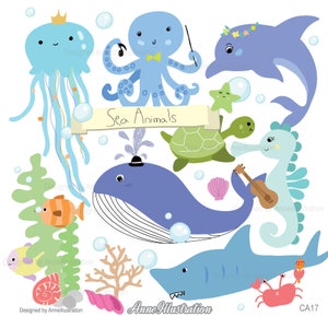 Sea Animals Clipart,Ocean Clipart,Whale Clipart,Dolphin Clipart,Jellyfish Clipart,Vector,Instant download Illustration_CA17