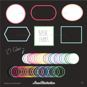 May include: A set of 27 colorful circle frames, with a variety of colors, including red, orange, yellow, green, blue, purple, and pink. The frames are arranged in a row, with the colors gradually changing from one frame to the next. The frames are all the same size and shape, and they are all made of a thin, solid line. The text "BASIC FRAMES" is written in a white font on a green background.