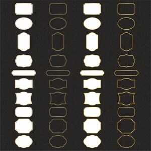 May include: A set of 20 gold-framed, white-filled, decorative frames in various shapes and sizes. The frames are arranged in three columns on a black textured background.