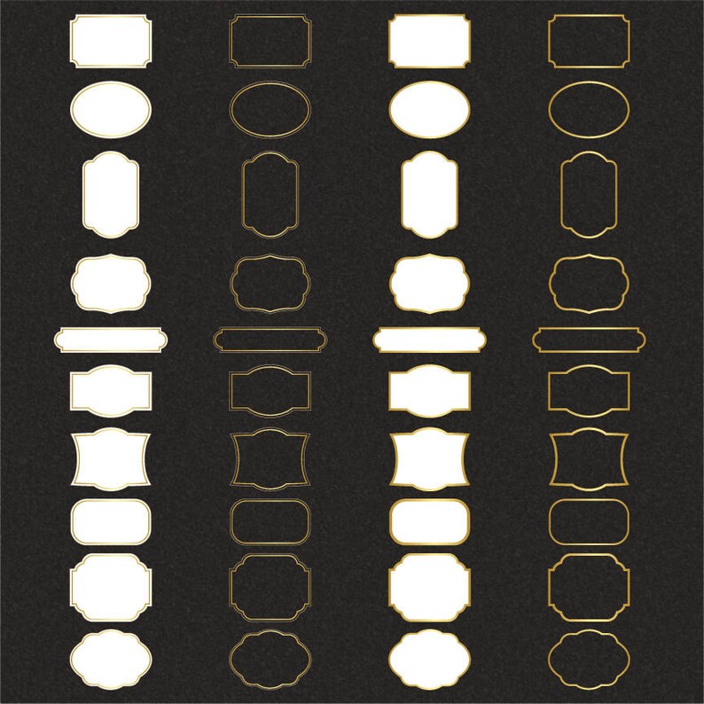 May include: A set of 20 gold-framed, white-filled, decorative frames in various shapes and sizes. The frames are arranged in three columns on a black textured background.