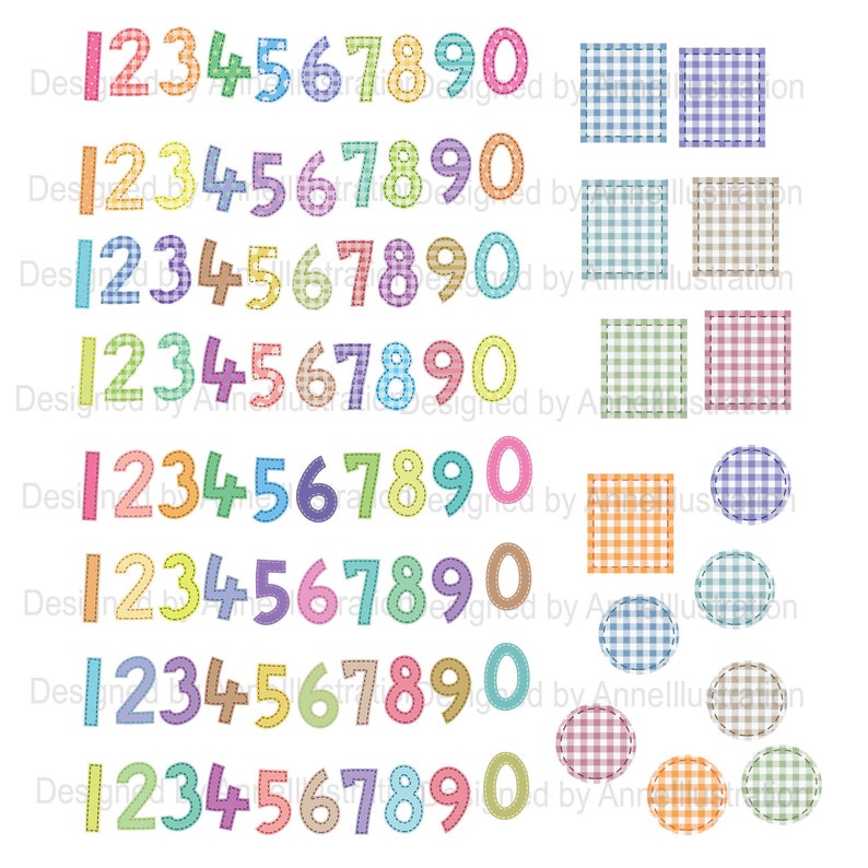 May include: A set of colorful numbers with a stitched border, each number is a different color. The numbers are arranged in rows, with each row having the numbers 1 through 9 and 0. There are also several different colored squares and circles with a gingham pattern.