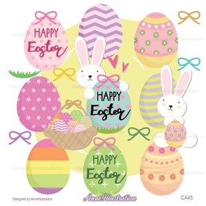 K&ouml;nnte beinhalten: Ein Set mit Illustrationen zum Thema Ostern mit bunten Eiern in verschiedenen Mustern, darunter Sterne, Streifen und Punkte. Au&szlig;erdem sind zwei Hasen zu sehen, die Eier halten, und ein Korb voller Eier. Der Text "Frohe Ostern" erscheint auf mehreren der Eier.