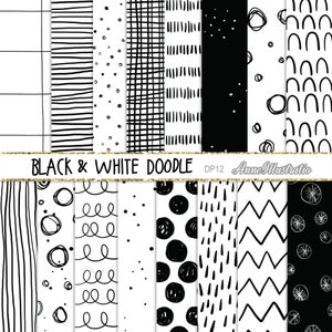Modello di carta digitale doodle in bianco e nero (non senza cuciture), carta digitale di base, disegno a mano, download istantaneo Illustration_DP12