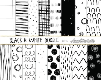 Modello di carta digitale doodle in bianco e nero (non senza cuciture), carta digitale di base, disegno a mano, download istantaneo Illustration_DP12