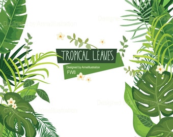 Clipart de feuilles tropicales, feuilles vertes, feuille de palmier, printemps de verdure, fleurs Clipart, Clipart Blush, Vector_ FW8