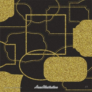 May include: A digital art design featuring a repeating pattern of gold glitter shapes and outlines on a black background. The design includes squares, circles, and other geometric forms. The text "Anne Illustration" is in the lower center.