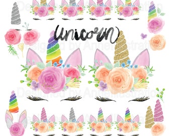 Watercolor unicorn face clipart,Sparkling Unicorn horn,Glitter Unicorn DIY,Make your own unicorn,PNG,Instant download Illustration_ CA81