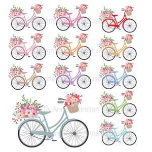 May include: A set of ten digital illustrations of bicycles with baskets filled with flowers. The bicycles are in various colours, including pink, red, orange, yellow, purple, blue, green, and light blue. The flowers are in shades of pink, red, orange, yellow, and white.