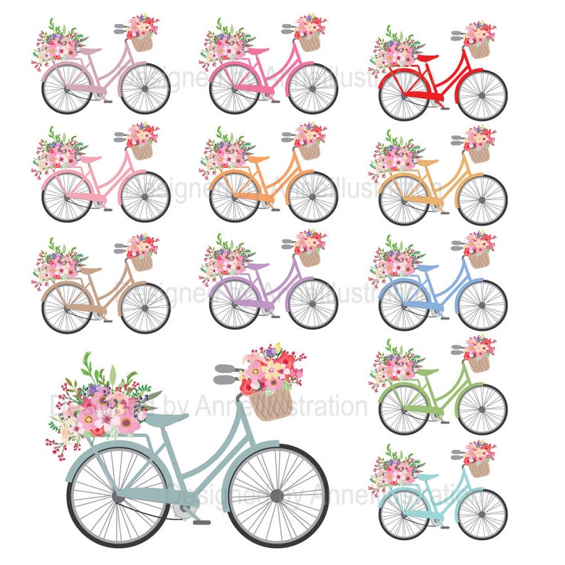 May include: A set of ten digital illustrations of bicycles with baskets filled with flowers. The bicycles are in various colours, including pink, red, orange, yellow, purple, blue, green, and light blue. The flowers are in shades of pink, red, orange, yellow, and white.