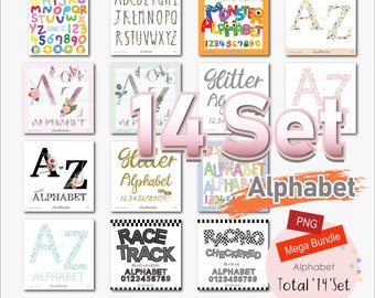 Mega Bundle Alphabet,14 Set Bundle,Letters,Floral,Race,Gold Glitter,Monster,Cute,PNG,Scrapbooking,Font,Instant download_ABD2