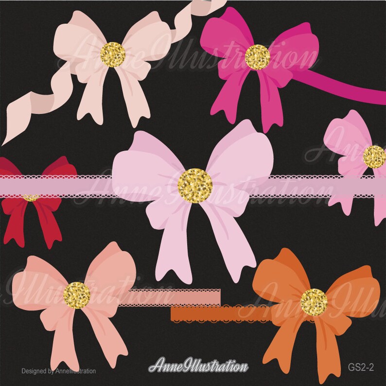May include: Set of six digital clip art images of bows with gold glitter centers. The bows are in various colors, including pink, red, orange, and peach.