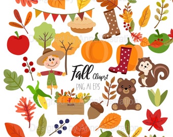 May include: Fall clipart set featuring a scarecrow, pumpkin, squirrel, bear, acorns, leaves, and other autumnal elements. The text "Fall Clipart PNG AI EPS" is included in the image.