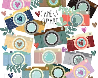 May include: A set of 12 colorful cartoon camera illustrations with hearts and greenery. The text "CAMERA CLIPART" is in the center of the image.