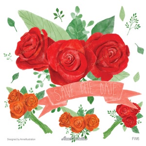 Czerwona róża Clipart, Vintage róża Clipart, Kwiatowy Clipart_Bukiet róż Clipart, Kwiatowy Clipart FW6
