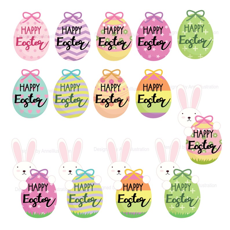 K&ouml;nnte beinhalten: Ein Set mit 10 bunten Osterei-Illustrationen mit dem Text "Frohe Ostern" auf jedem Ei. Einige Eier haben Hasen, die hinter ihnen hervorschauen.
