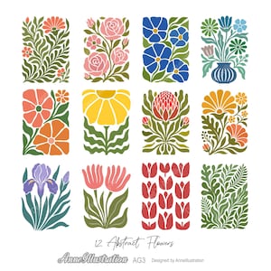 May include: A collection of 12 rectangular illustrations featuring various floral designs in vibrant colours including pink, blue, orange, yellow, and green. The set includes depictions of roses, irises, tulips, and foliage, labelled 12 Abstract Flowers.