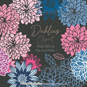 Dahlia Clipart, Floral, Primavera, Flor, Jardim, Convite, Decoração, Vintage, Rosa, Azul, Elegante, PNG, Vetor, Download instantâneo Illustration_CA124