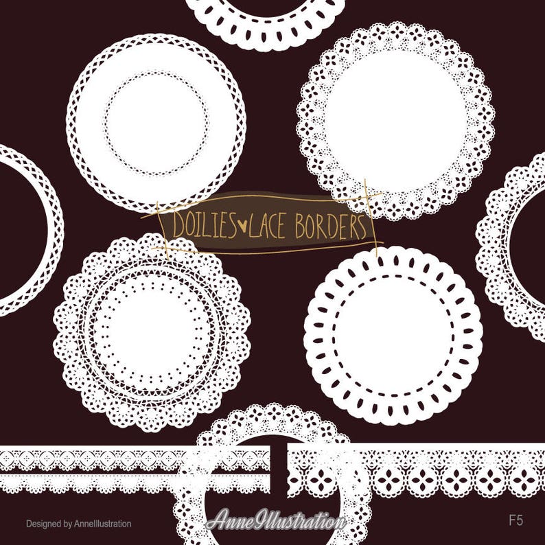 May include: Set of white doilies and lace borders. The doilies are circular and have a delicate lace pattern. The borders are also lace and have a variety of designs. The text "Doilies Lace Borders" is written in a cursive font.
