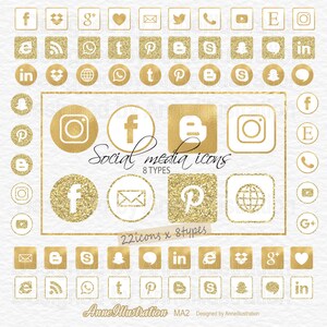May include: A set of 22 gold glitter social media icons. The icons include Facebook, Instagram, Twitter, Pinterest, YouTube, and more. The icons are in both square and circle shapes. The text "Social media icons 8 TYPES" and "22 icons x 8 types" is included in the image.