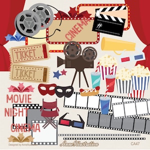 Op de afbeelding: Een verzameling clipart-afbeeldingen met een filmthema, waaronder een filmrol, popcorn, 3D-brillen, een filmticket, een klapperbord, een camera, een hotdog, een regisseursstoel en een bord met de tekst "Bioscoop".