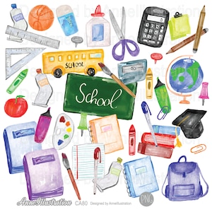 School clipart,Back to school,school supplies clipart,Watercolor,Education,Art,Class clipart,PNG,Instant download Illustration_ CA80