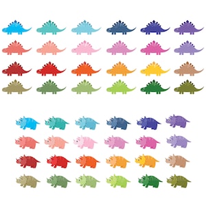May include: A set of 40 colorful dinosaur clip art images. The dinosaurs are in various shades of blue, green, red, orange, pink, purple, and brown. The dinosaurs are in a variety of poses, including walking, running, and standing.