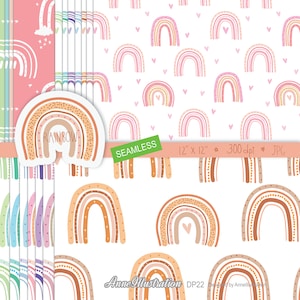May include: A digital paper pack with 10 different seamless patterns featuring colorful rainbows with hearts and stars. The patterns are 12 inches by 12 inches and 300 dpi. The text "RAINBOW" and "SEAMLESS" are included in the image.