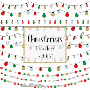 Clipart de borde de Navidad, luces de cadena, decoración de Navidad, invitación, elementos de fiesta, banderines, descarga instantánea Illustration_F17